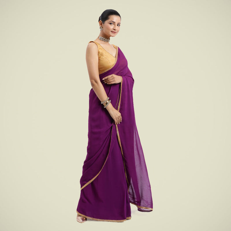 Kinara x Tyohaar | Purple Violet Georgette Ready-to-Wear Saree with Golden Gota Border-Binks