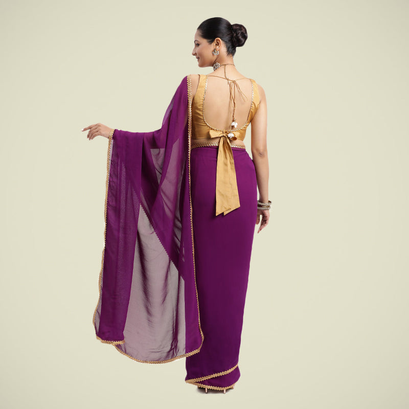 Kinara x Tyohaar | Purple Violet Georgette Ready-to-Wear Saree with Golden Gota Border-Binks