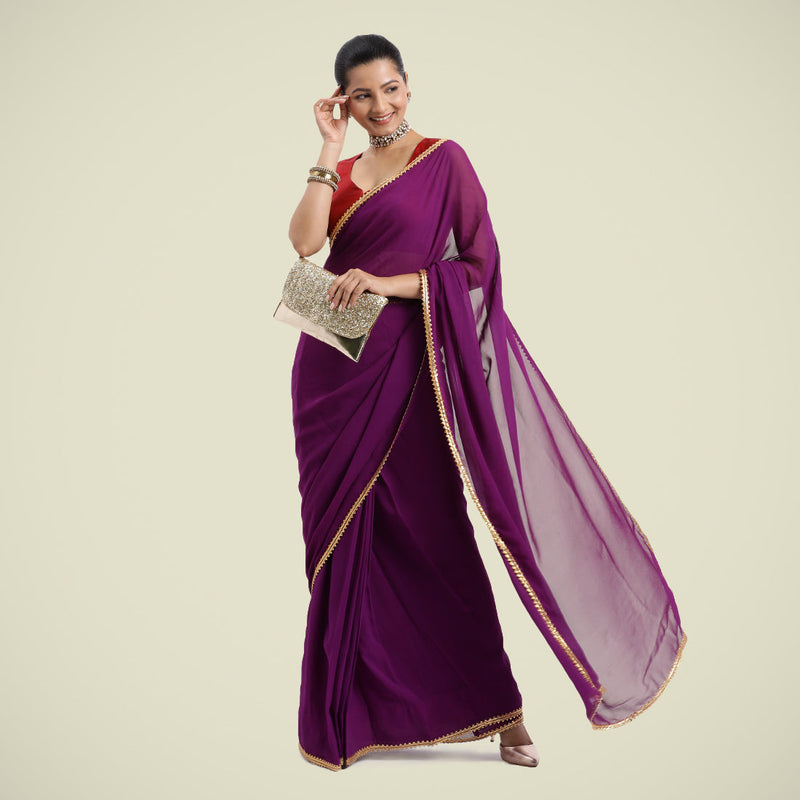Kinara x Tyohaar | Purple Violet Georgette Ready-to-Wear Saree with Golden Gota Border-Binks