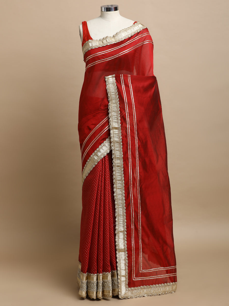 Mehrika x Tyohaar | Crimson Red Foil & Plain Chandheri Saree With Gotta Work Designer Lace
