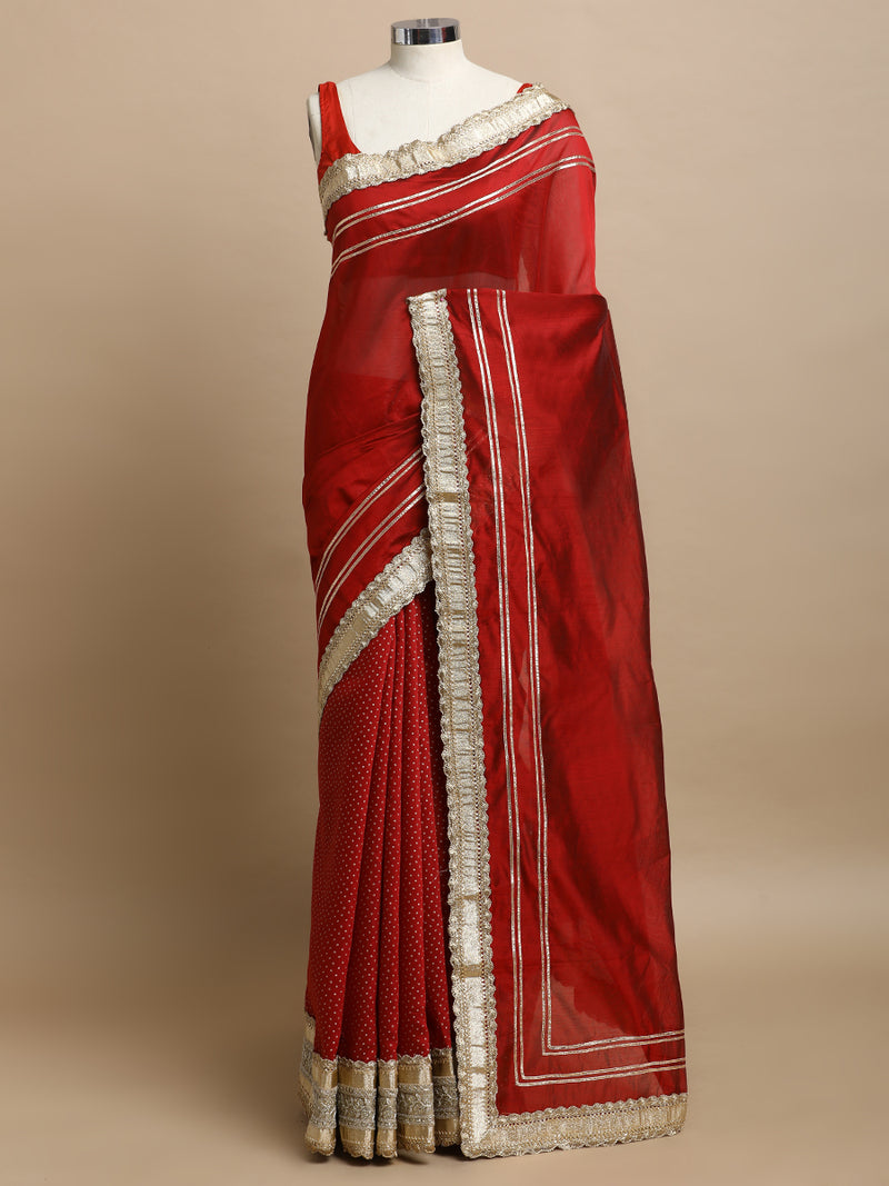 Mehrika x Tyohaar | Crimson Red Foil & Plain Chandheri Saree With Gotta Work Designer Lace-Binks