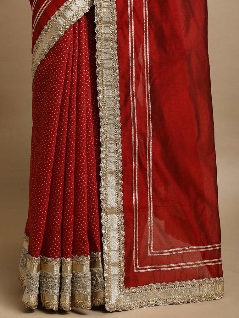 Mehrika x Tyohaar Saree, in Red Chandheri, made for party & festive (view 2).