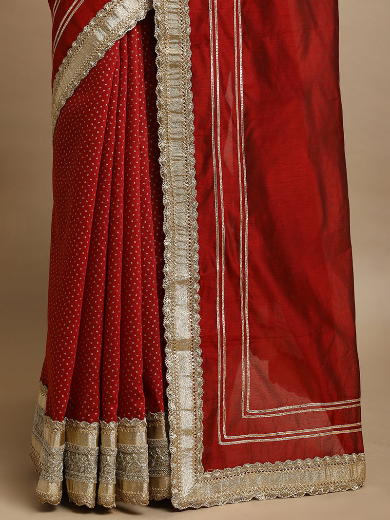 Mehrika x Tyohaar | Crimson Red Foil & Plain Chandheri Saree With Gotta Work Designer Lace-Binks
