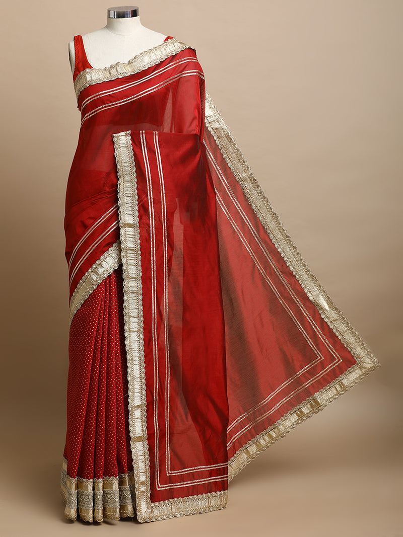 Mehrika x Tyohaar | Crimson Red Foil & Plain Chandheri Saree With Gotta Work Designer Lace-Binks