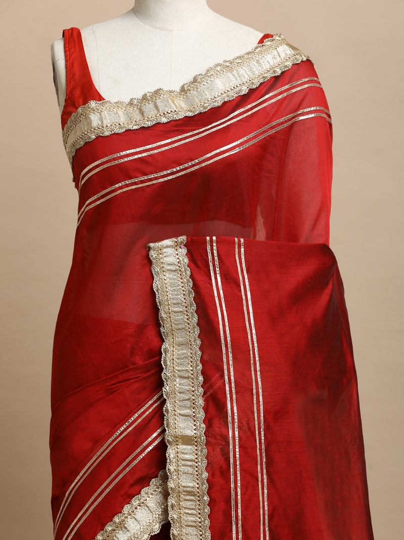 Mehrika x Tyohaar | Crimson Red Foil & Plain Chandheri Saree With Gotta Work Designer Lace-Binks