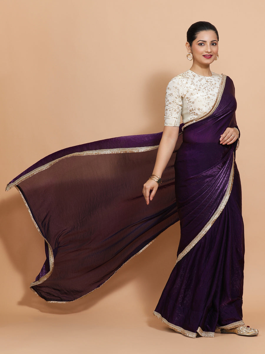 Nasreen x Tyohaar Saree, in Purple Tissue Fabric, made for party & festive (view 3).