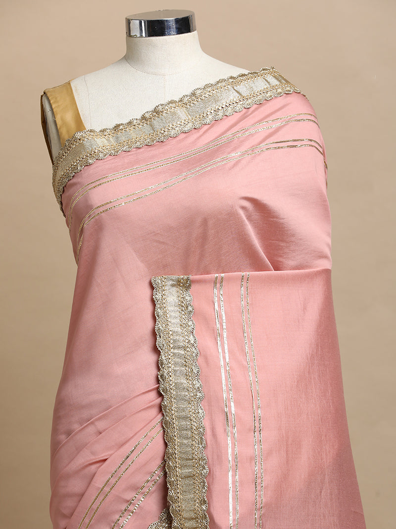 Nishita x Tyohaar | Meenakari Red Brocade & Sea Pink Viscose Saree With Gotta Work Designer Lace-Binks