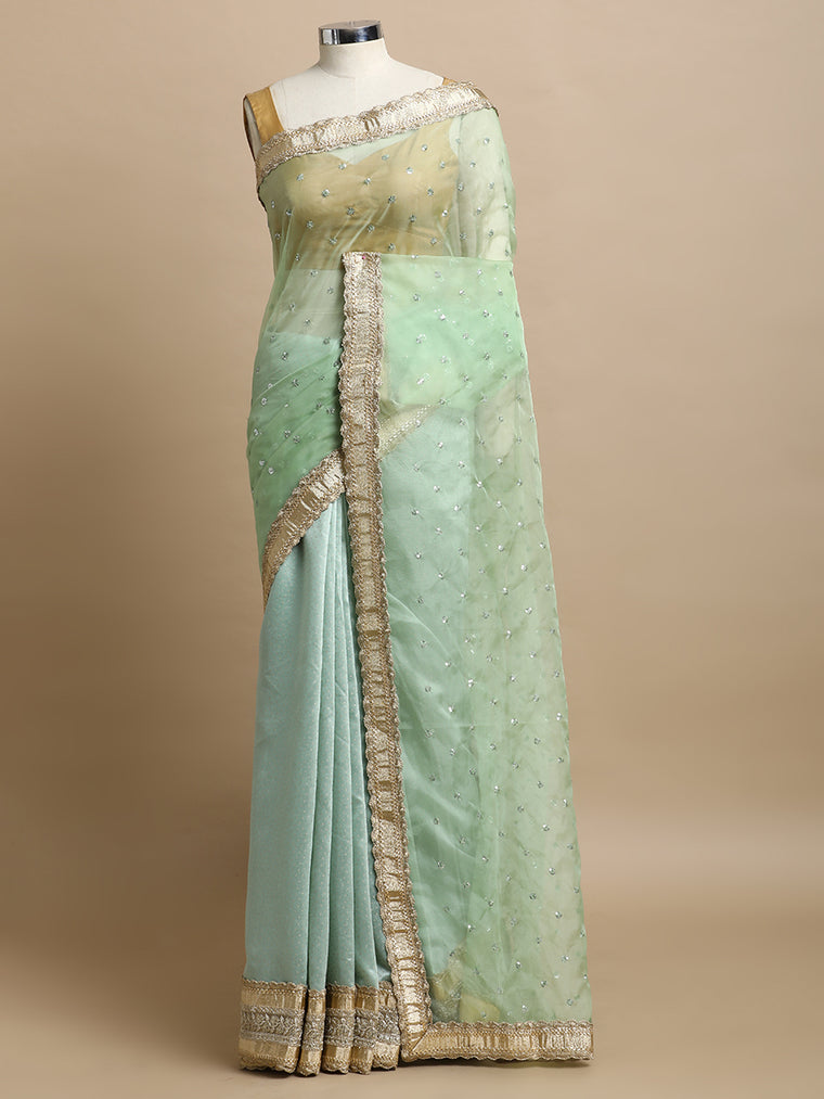 Prakriti x Tyohaar Saree, in Green Foil Chandheri & Organza Sequin Butta, made for party & festive.