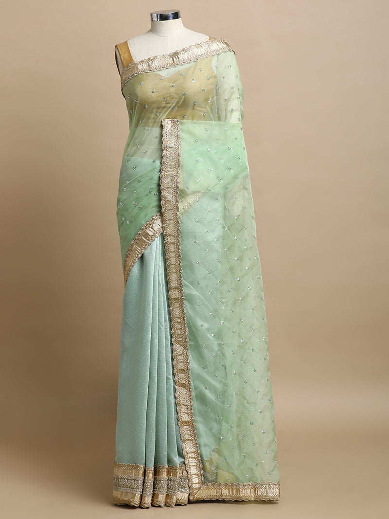 Prakriti x Tyohaar | Light Green Foil Chandheri & Organza Saree With Designer Embroidered Lace Work-Binks