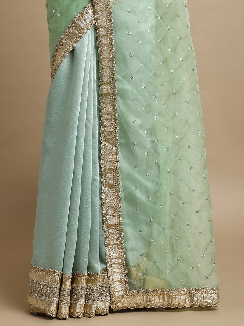 Prakriti x Tyohaar | Light Green Foil Chandheri & Organza Saree With Designer Embroidered Lace Work-Binks