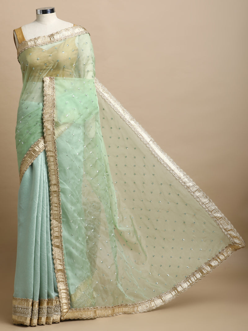Prakriti x Tyohaar | Light Green Foil Chandheri & Organza Saree With Designer Embroidered Lace Work-Binks