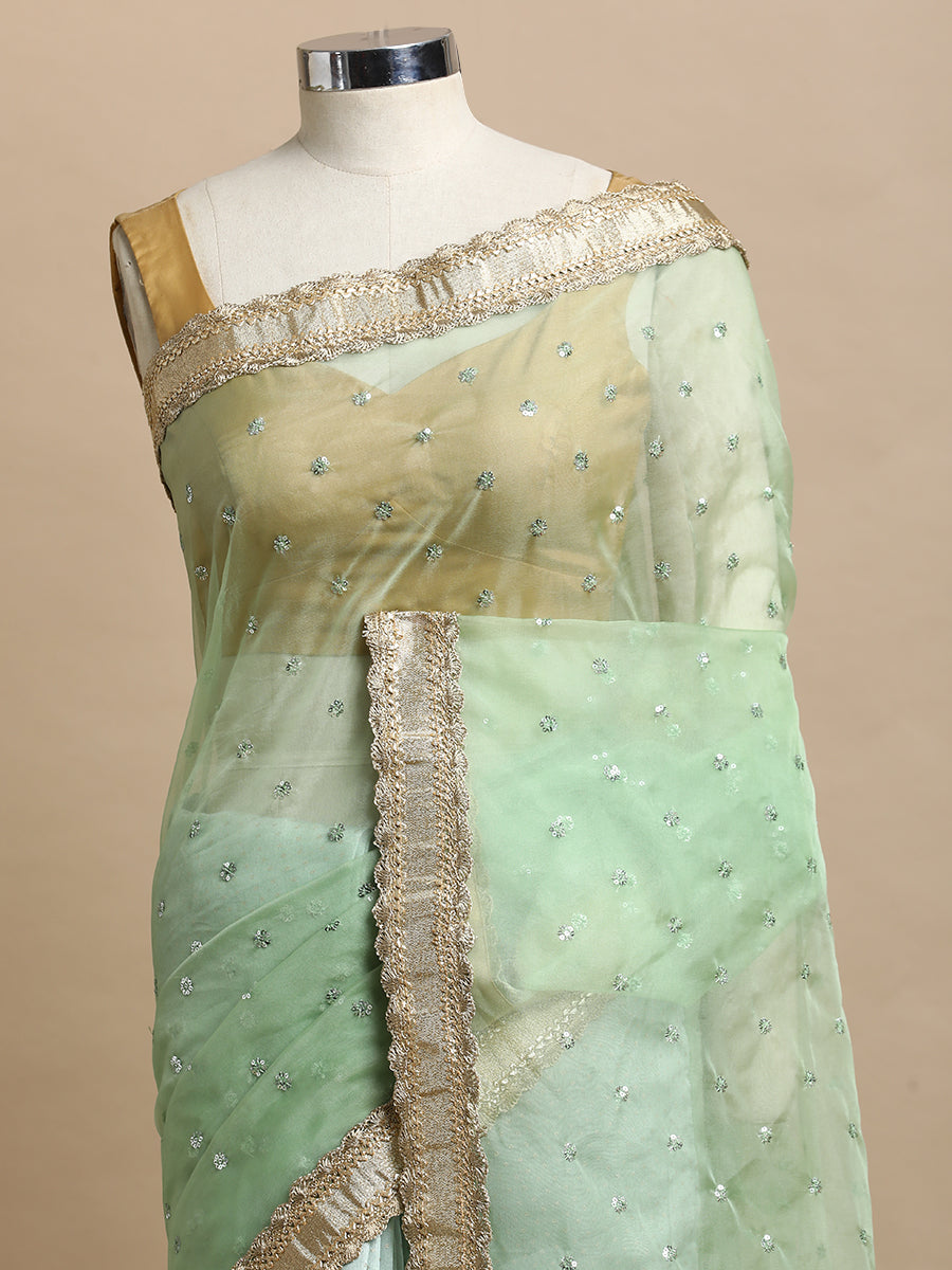 Prakriti x Tyohaar Saree, in Green Foil Chandheri & Organza Sequin Butta, made for party & festive (view 4).