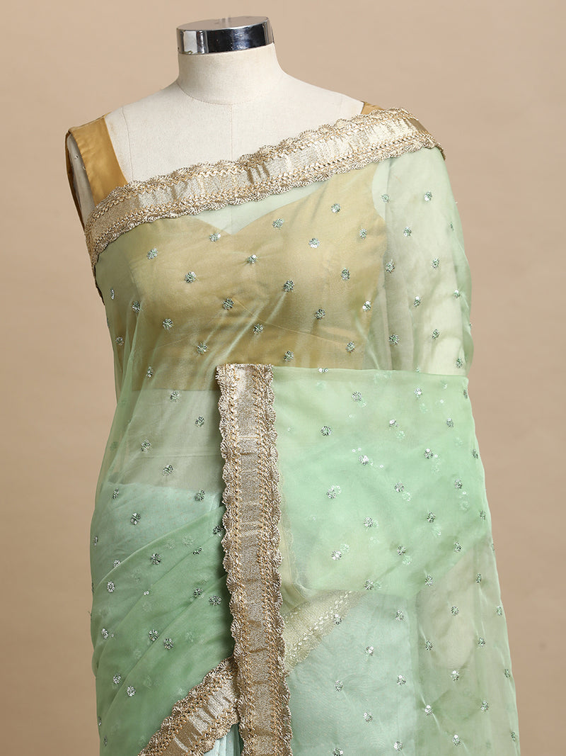 Prakriti x Tyohaar | Light Green Foil Chandheri & Organza Saree With Designer Embroidered Lace Work-Binks