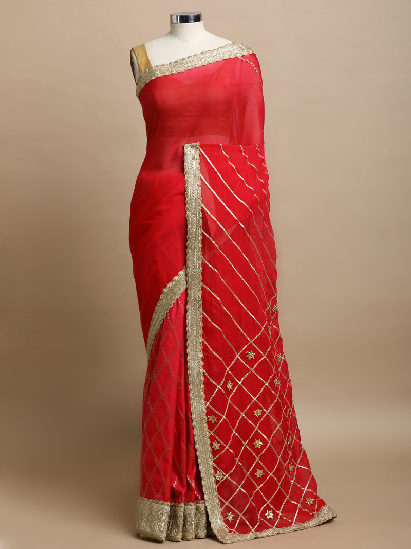 Rajeshwari x Tyohaar | Rose Pink Vine Mesh Brocade Heritage Bridal Gota Work Pallu Saree-Binks