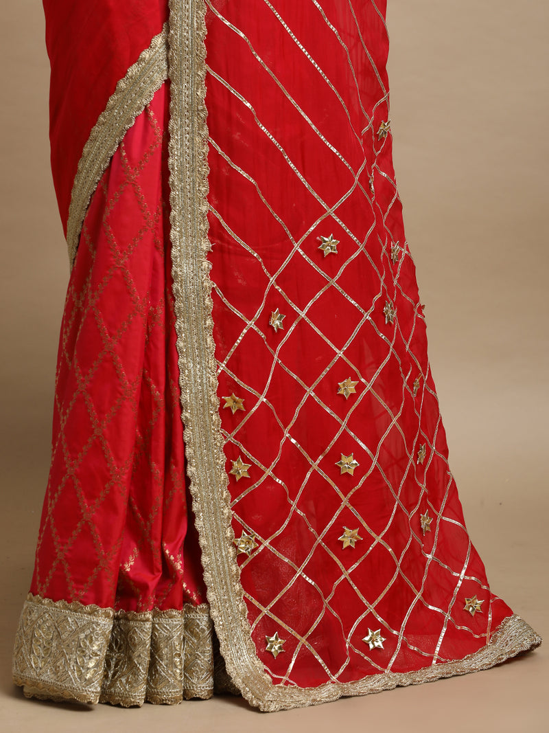 Rajeshwari x Tyohaar | Rose Pink Vine Mesh Brocade Heritage Bridal Gota Work Pallu Saree-Binks