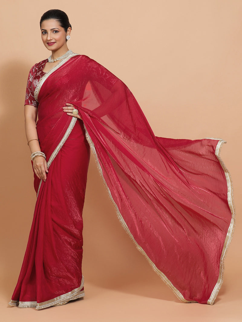 Ruby x Tyohaar | Velvety Red Tissue Ready-to-Wear One Minute Saree-Binks