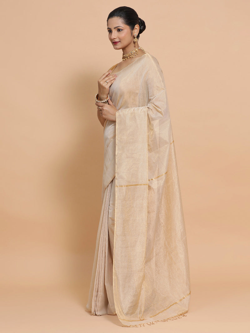Maheshwari Handloom Pure Silk Cotton Beige Tissue Saree-Binks