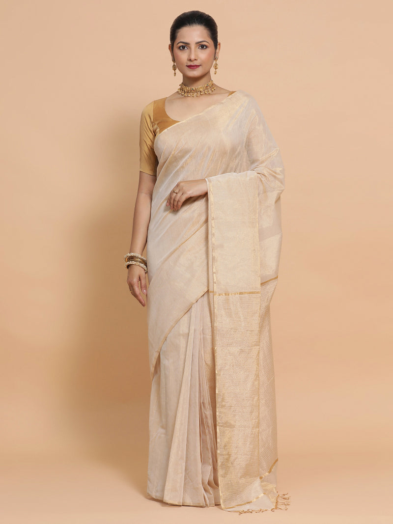 Maheshwari Handloom Pure Silk Cotton Beige Tissue Saree-Binks