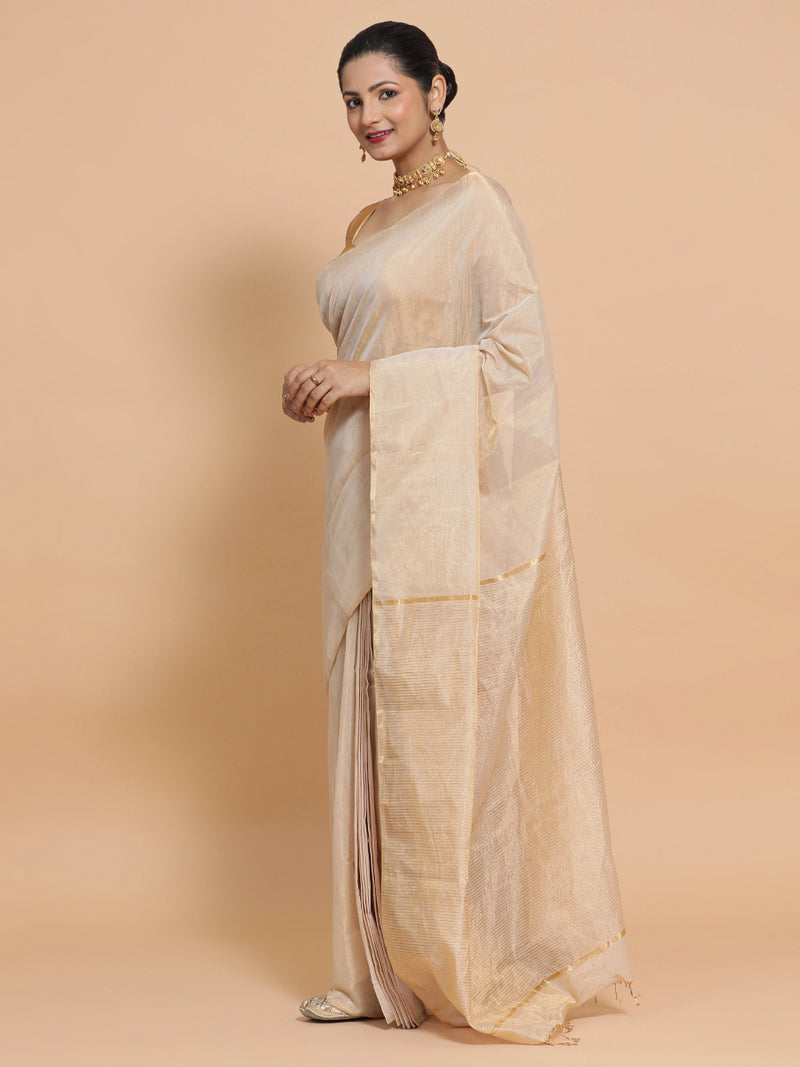 Maheshwari Handloom Pure Silk Cotton Beige Tissue Saree-Binks