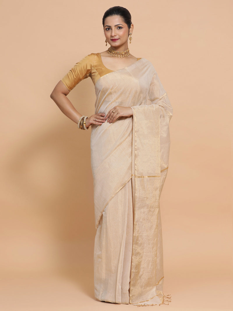 Maheshwari Handloom Pure Silk Cotton Beige Tissue Saree-Binks