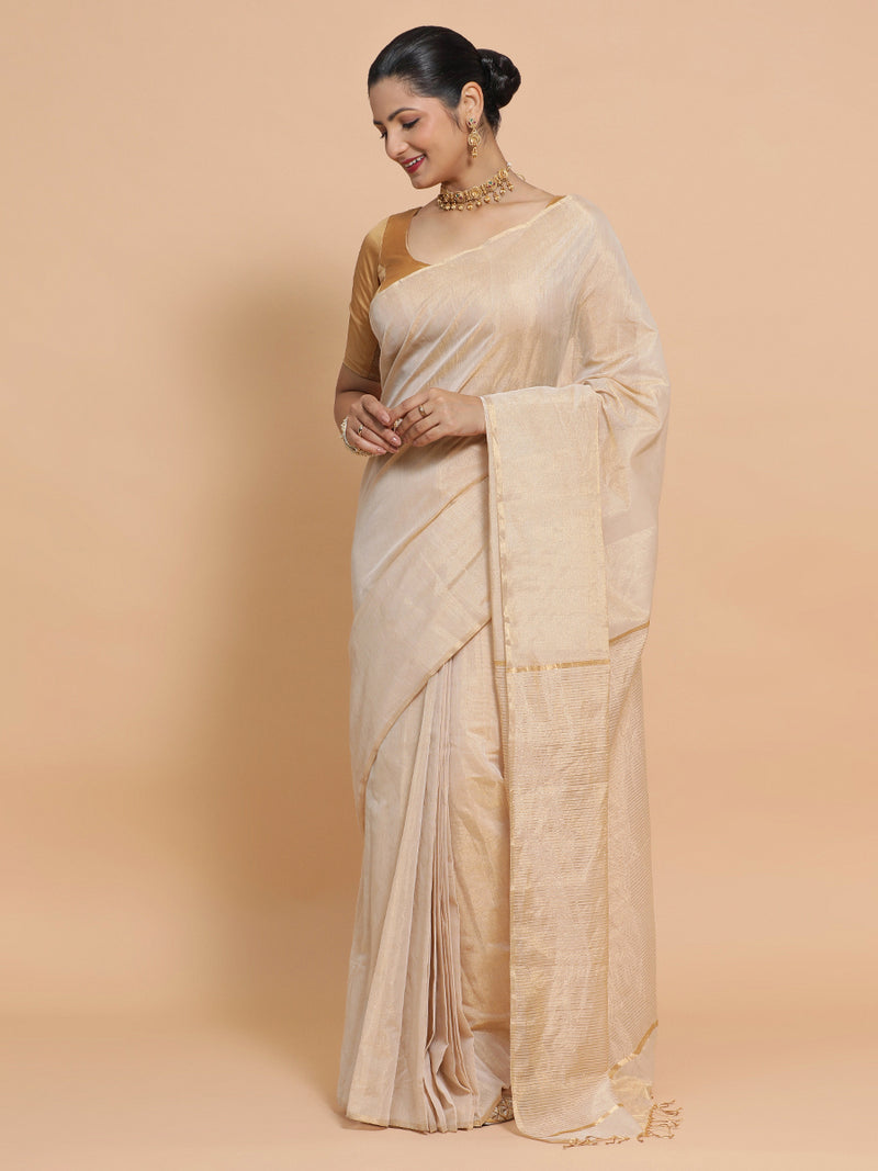 Maheshwari Handloom Pure Silk Cotton Beige Tissue Saree-Binks