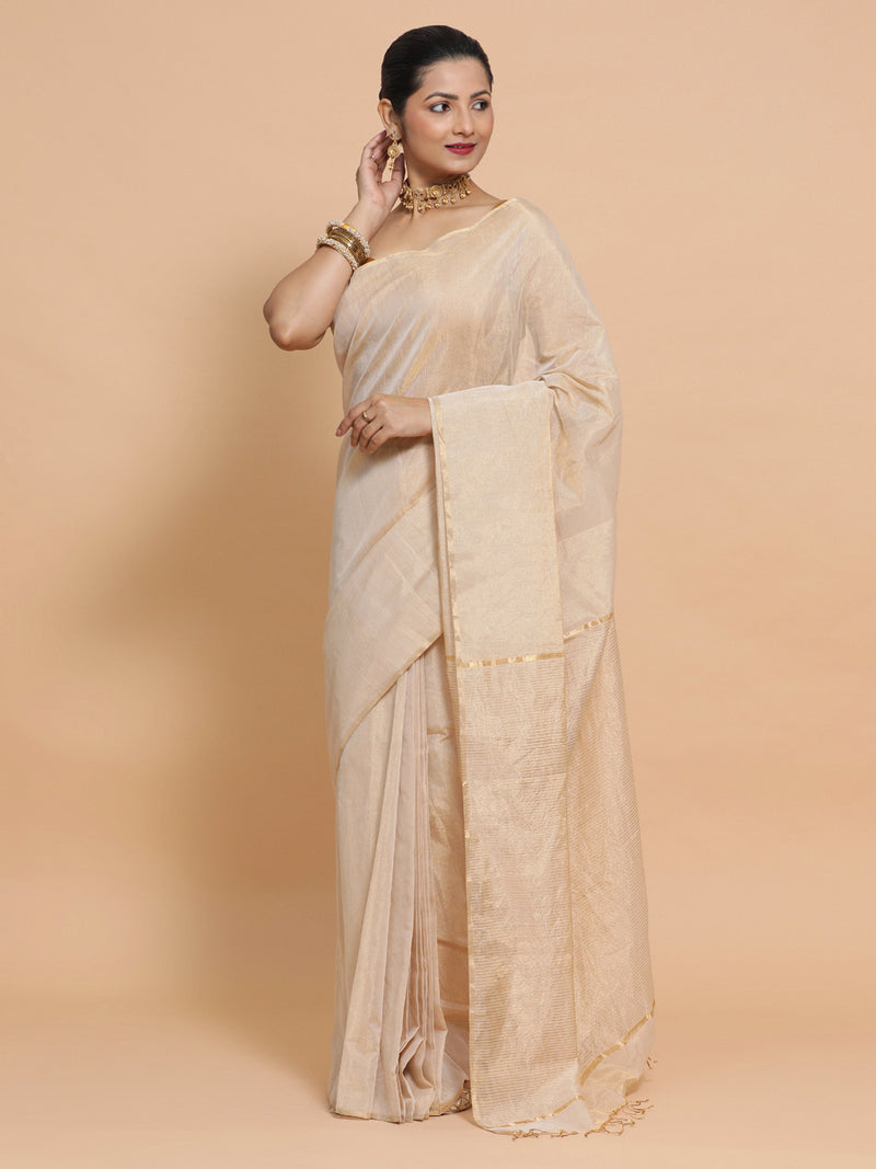 Maheshwari Handloom Pure Silk Cotton Beige Tissue Saree-Binks