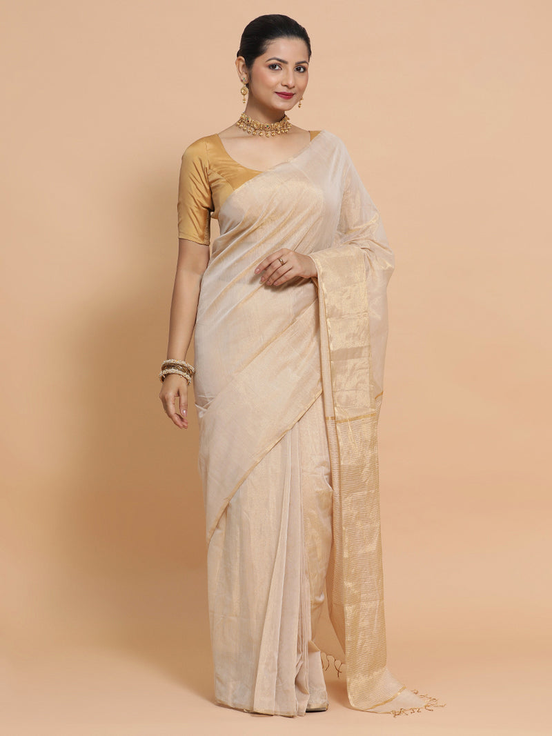 Maheshwari Handloom Pure Silk Cotton Beige Tissue Saree-Binks