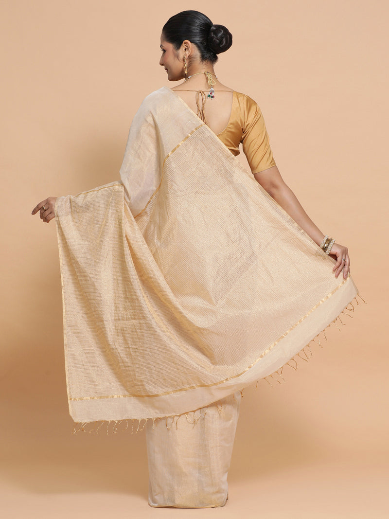 Maheshwari Handloom Pure Silk Cotton Beige Tissue Saree-Binks