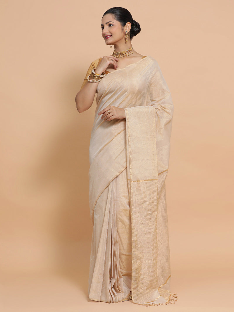 Maheshwari Handloom Pure Silk Cotton Beige Tissue Saree-Binks