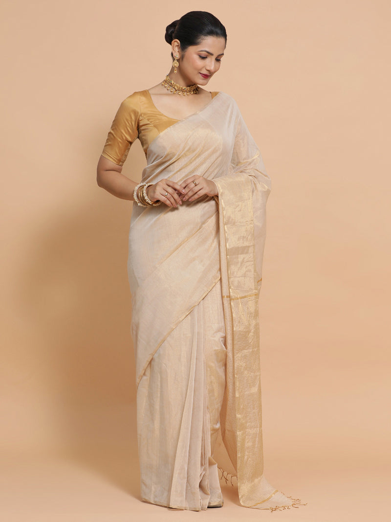 Maheshwari Handloom Pure Silk Cotton Beige Tissue Saree-Binks