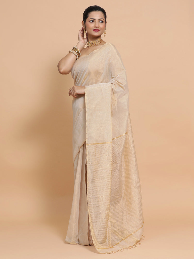 Maheshwari Handloom Pure Silk Cotton Beige Tissue Saree-Binks