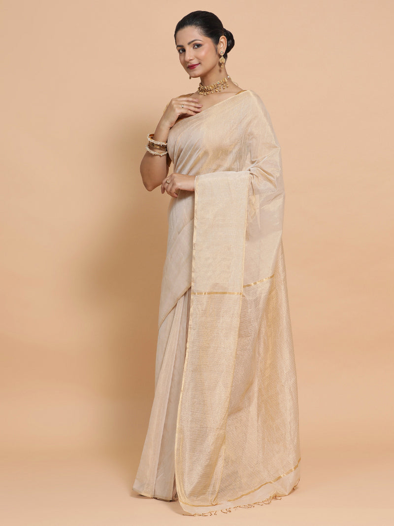 Maheshwari Handloom Pure Silk Cotton Beige Tissue Saree-Binks