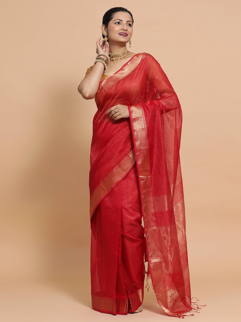 Maheshwari Handloom Pure Silk Cotton Golden Red Check Saree-Binks