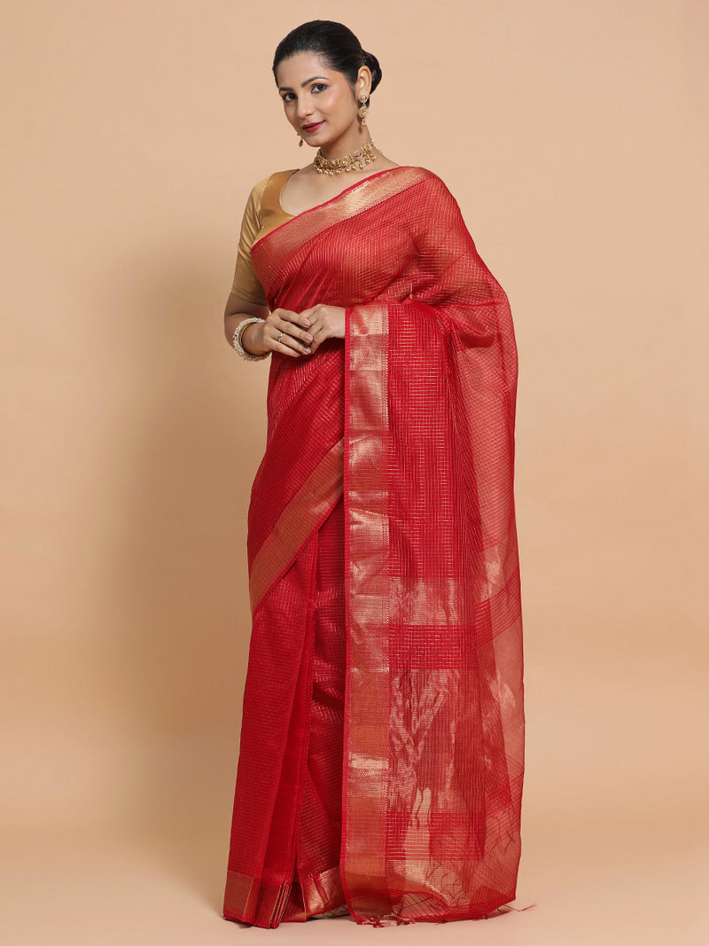 Maheshwari Handloom Pure Silk Cotton Golden Red Check Saree-Binks