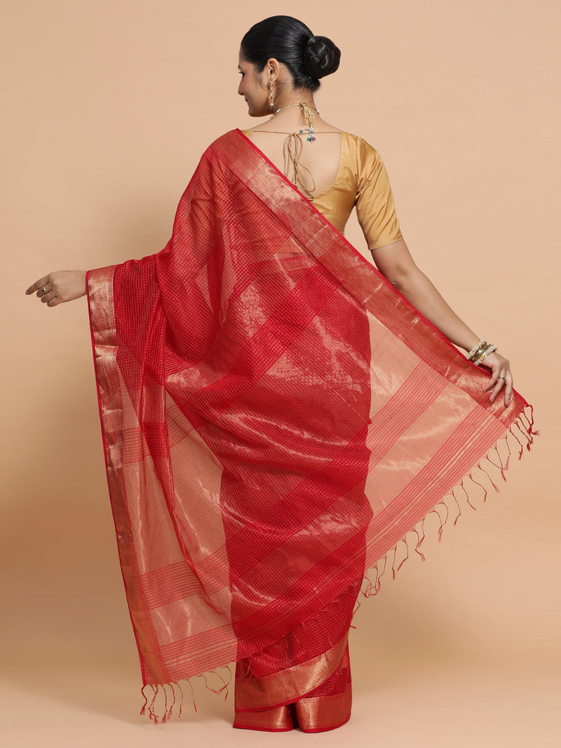 Maheshwari Handloom Pure Silk Cotton Golden Red Check Saree-Binks