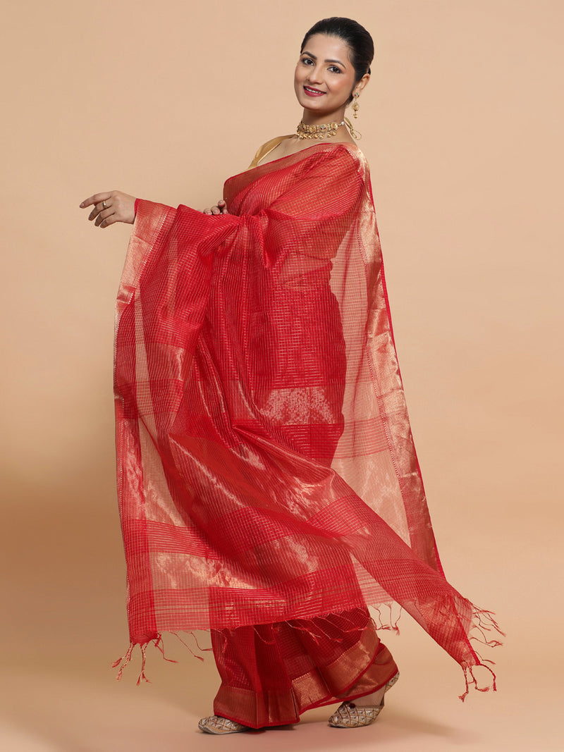 Maheshwari Handloom Pure Silk Cotton Golden Red Check Saree-Binks