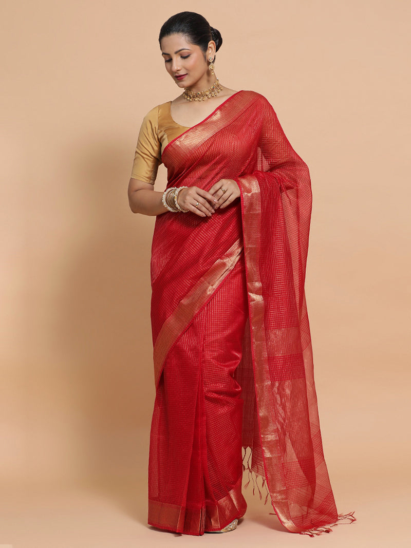 Maheshwari Handloom Pure Silk Cotton Golden Red Check Saree-Binks