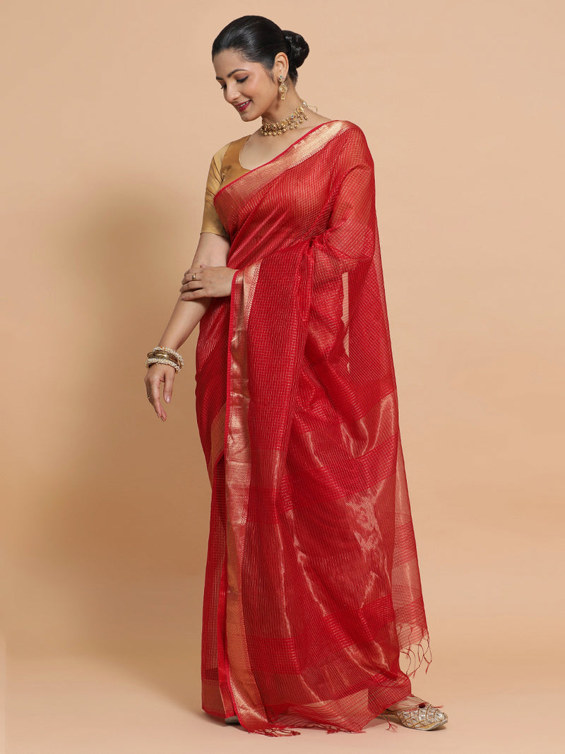 Maheshwari Handloom Pure Silk Cotton Golden Red Check Saree-Binks