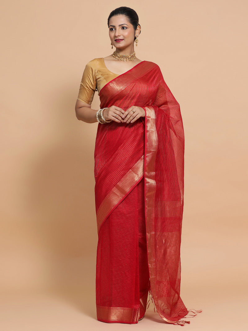 Maheshwari Handloom Pure Silk Cotton Golden Red Check Saree-Binks