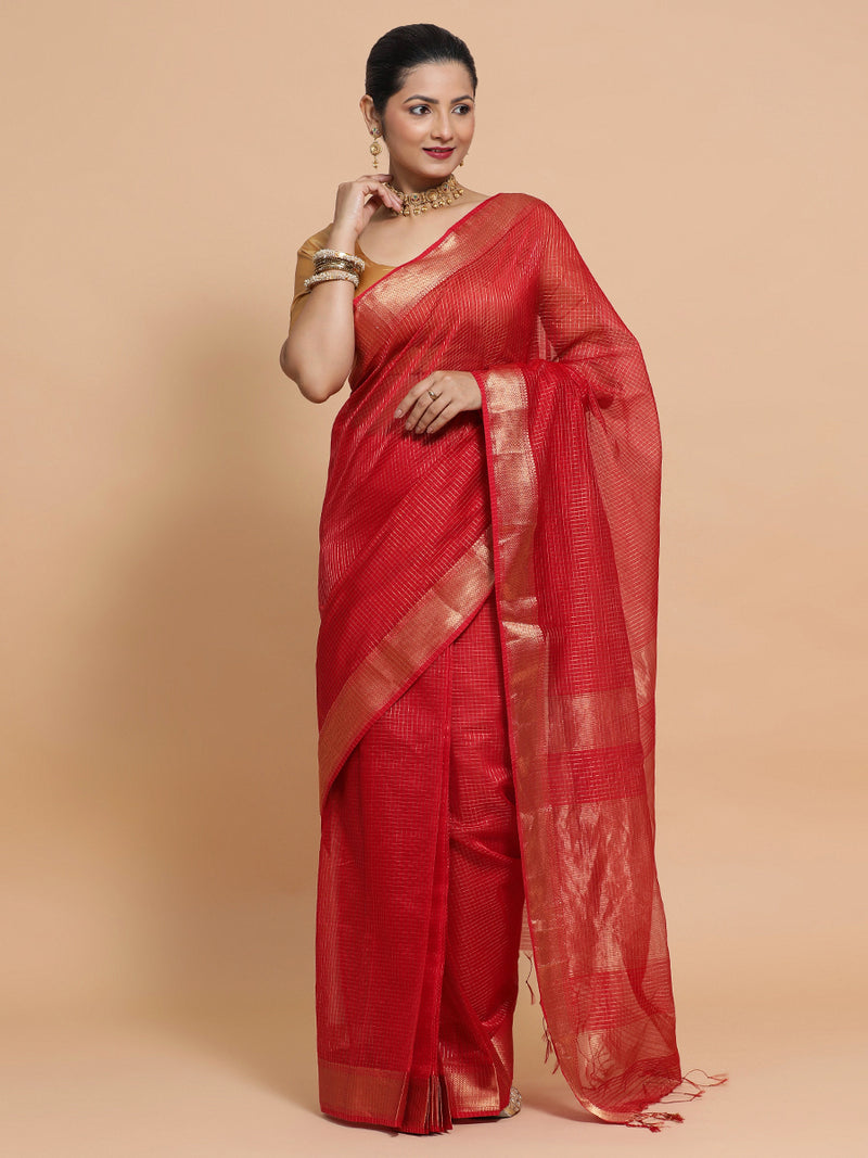 Maheshwari Handloom Pure Silk Cotton Golden Red Check Saree-Binks