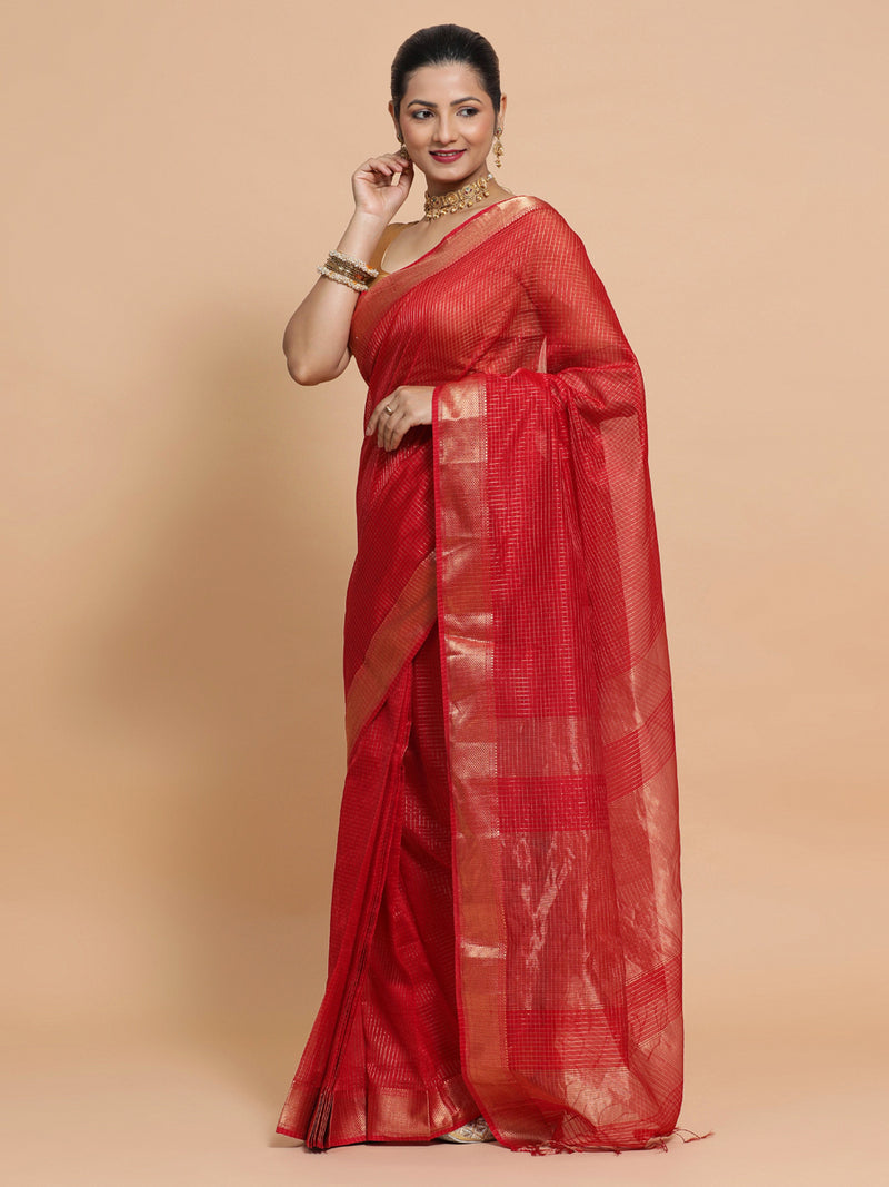 Maheshwari Handloom Pure Silk Cotton Golden Red Check Saree-Binks