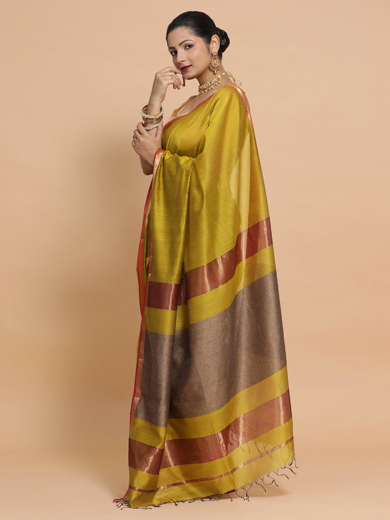 Maheshwari Handloom Pure Silk Cotton Mustard Saree with Kosa pallu-Binks