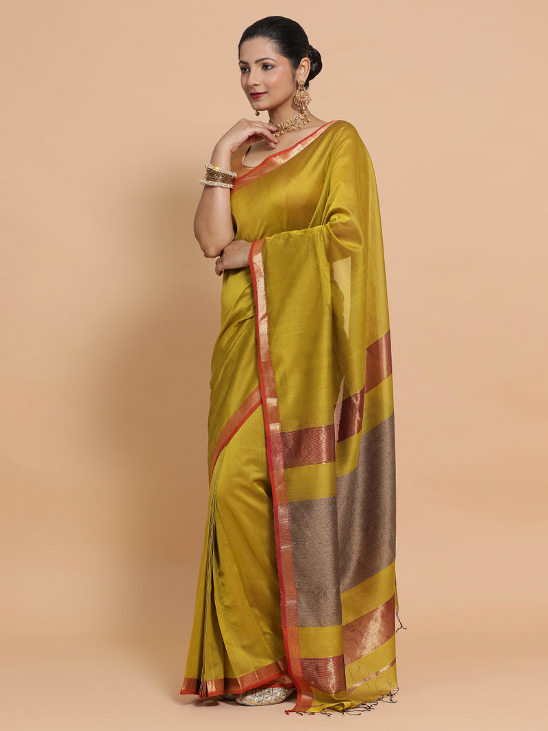 Maheshwari Handloom Pure Silk Cotton Mustard Saree with Kosa pallu-Binks