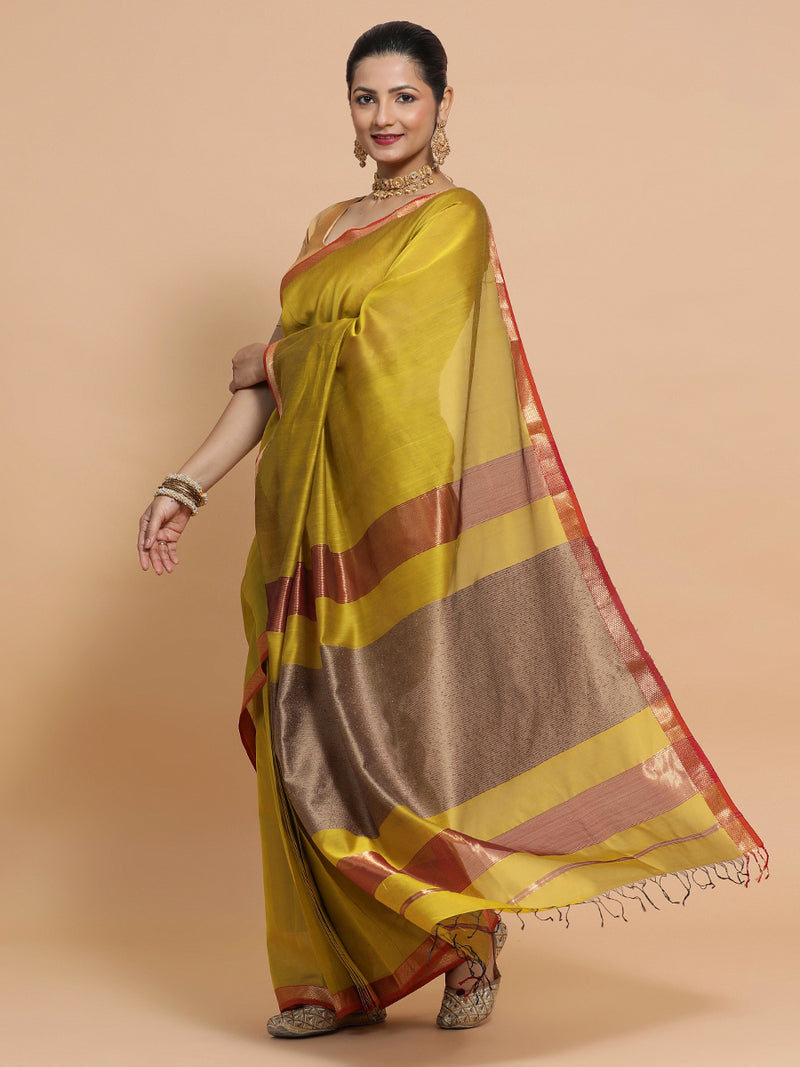 Maheshwari Handloom Pure Silk Cotton Mustard Saree with Kosa pallu-Binks