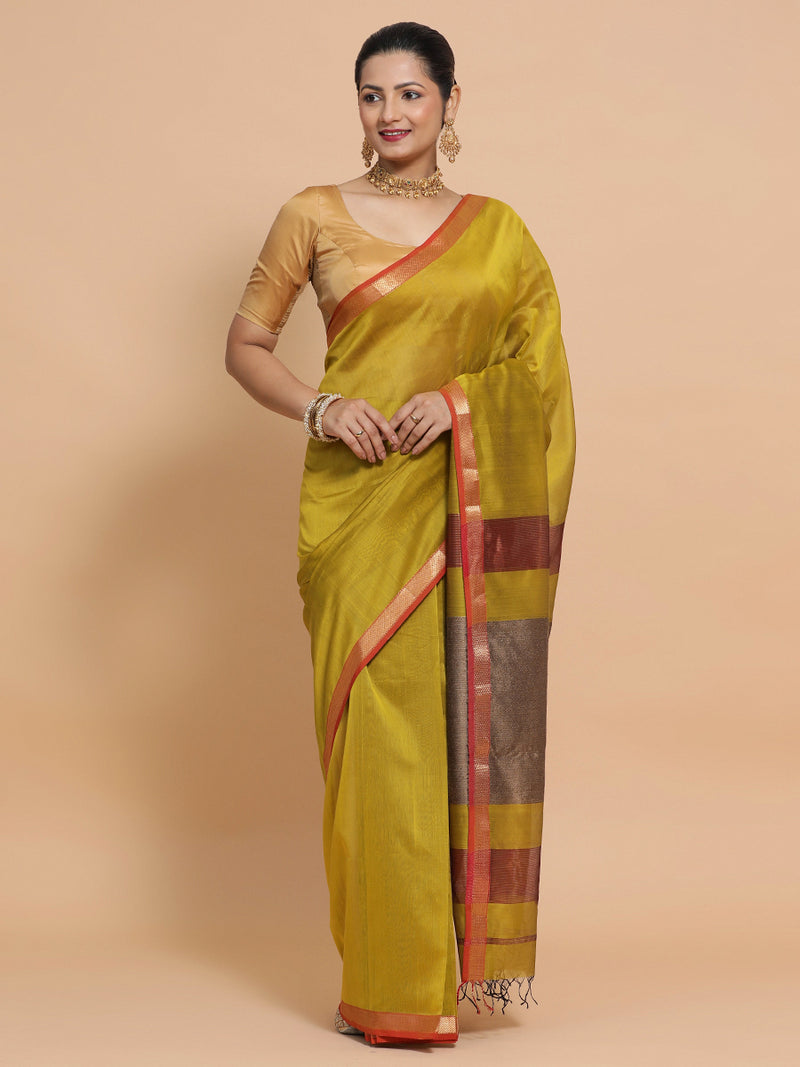 Maheshwari Handloom Pure Silk Cotton Mustard Saree with Kosa pallu-Binks