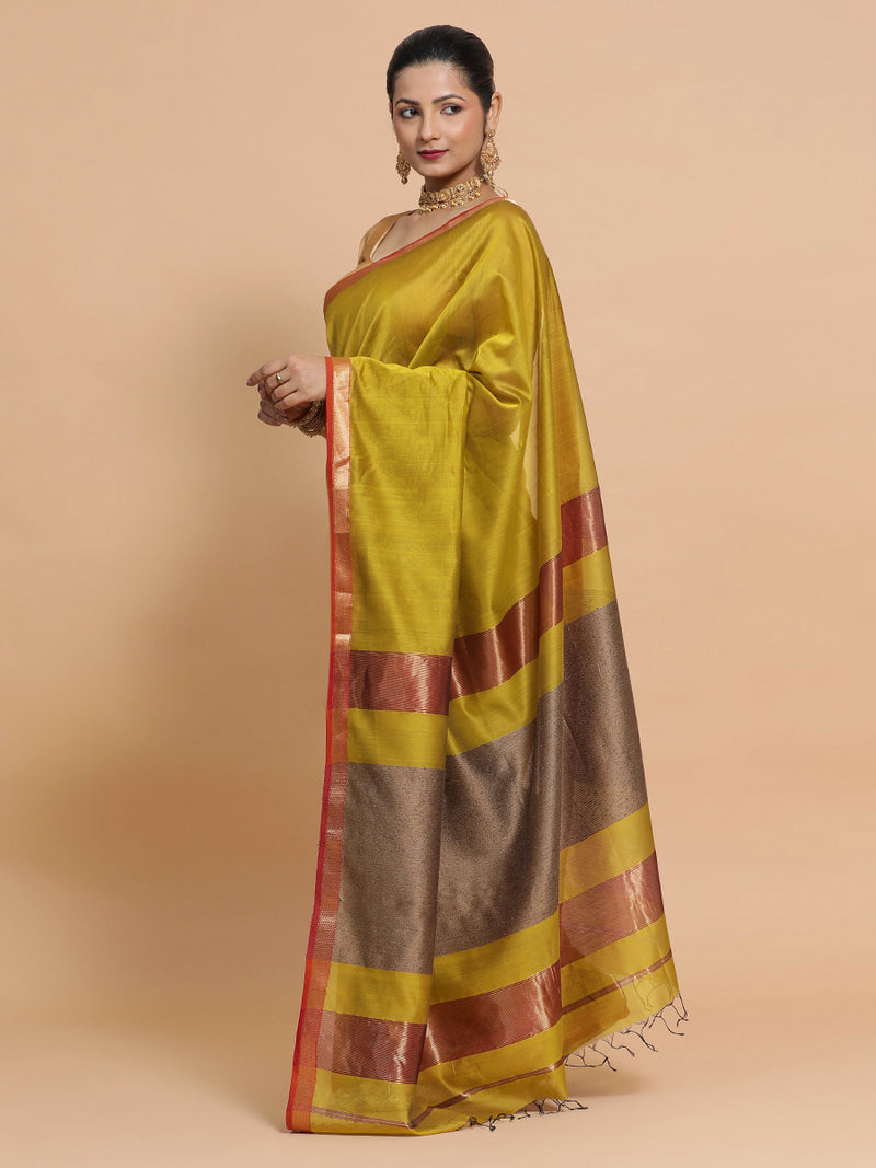 Maheshwari Handloom Pure Silk Cotton Mustard Saree with Kosa pallu-Binks