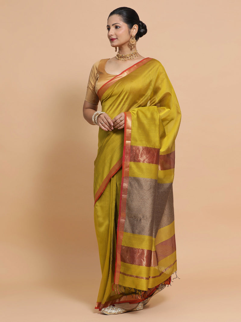Maheshwari Handloom Pure Silk Cotton Mustard Saree with Kosa pallu-Binks