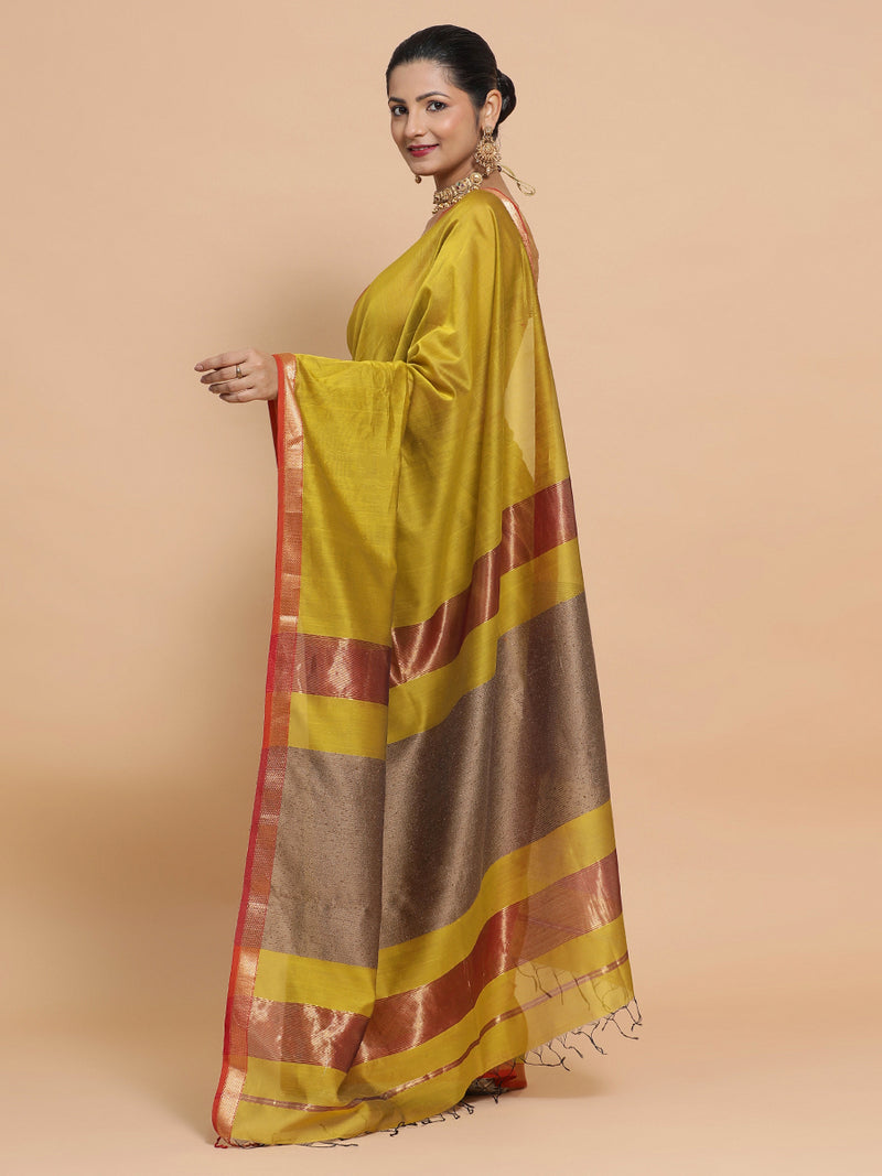 Maheshwari Handloom Pure Silk Cotton Mustard Saree with Kosa pallu-Binks
