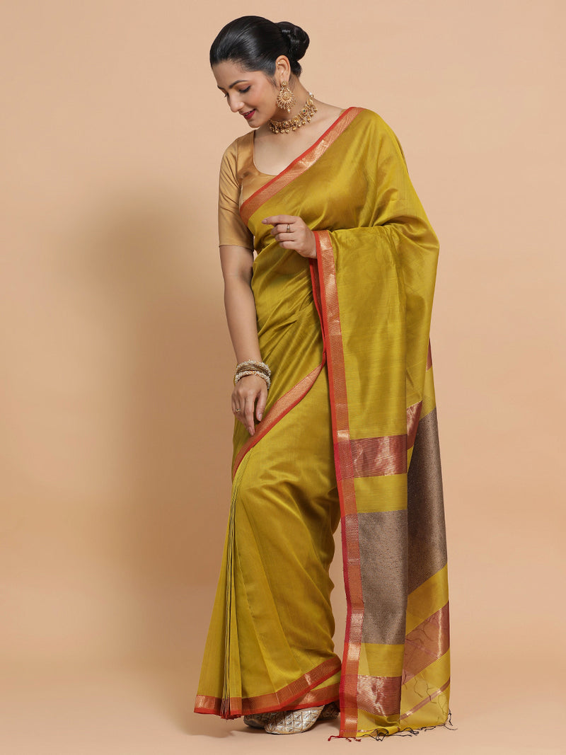 Maheshwari Handloom Pure Silk Cotton Mustard Saree with Kosa pallu-Binks