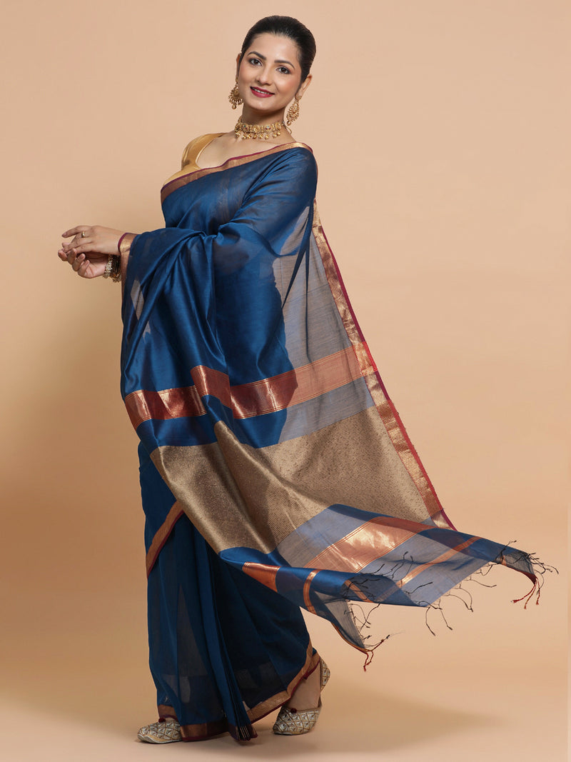 Maheshwari Handloom Pure Silk Cotton Peacock Blue Saree with Kosa pallu-Binks